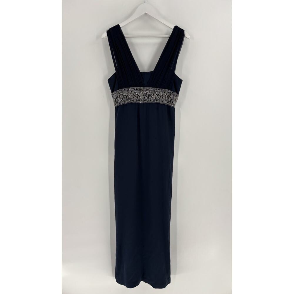 Marchesa Notte Dress Womens 10 Navy Blue V Neck Beaded Maxi Chiffon Ruffles